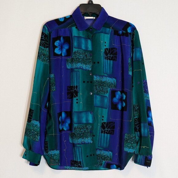 ALL HOURS Blue/Green Collared Long Sleeve Button Blouse; Size M - Picture 1 of 5